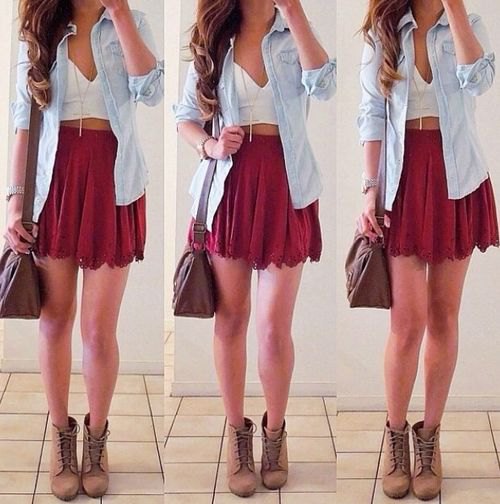 mini skirt with white deep v-neck top and chambray button up