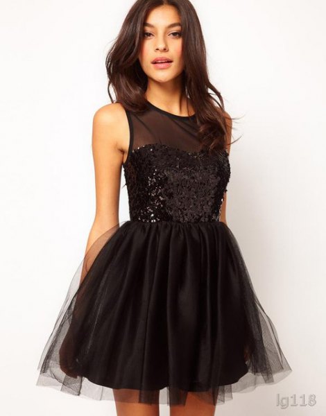 black semi sheer sequin and tulle mini tutu dress
