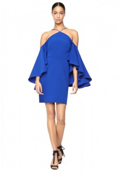 blue ruffle sleeve halter neck mini dress