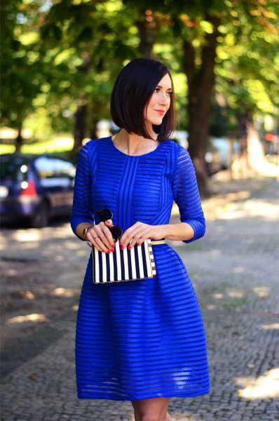 cobalt blue striped semi-colored fit and flare mini dress
