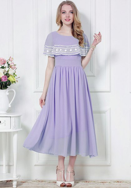 lavender and white folder maxi chiffon dress