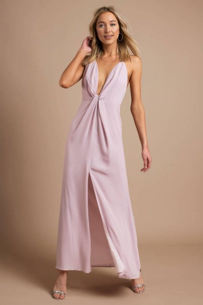 lavender deep v-neck high split maxi dress
