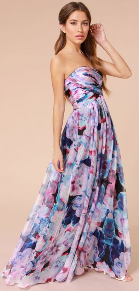 lavender and purple floral printed shoulder strap fit and flare floor length dress