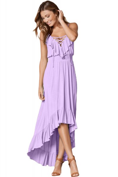 lavender maxi high low ruffle dress