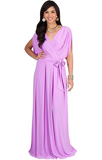 Lavender floor length wrap dress with statement necklace