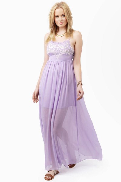 two-layered fit and flare lavender maxi chiffon dress