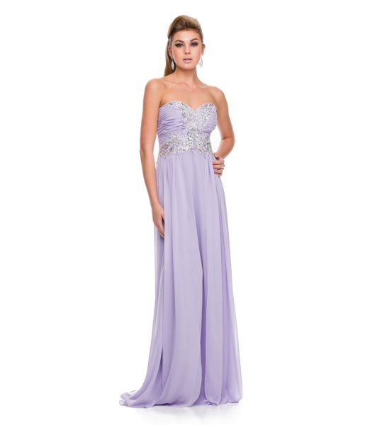 lavender strapless fit and flare maxi flowy dress