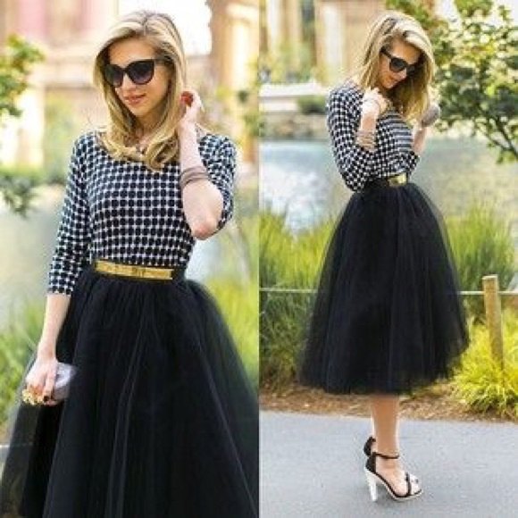 black and white checkered blouse with black tutu skirt and gold belt