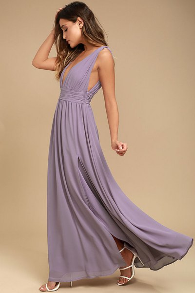 light purple deep v-neck floor length pleated dress