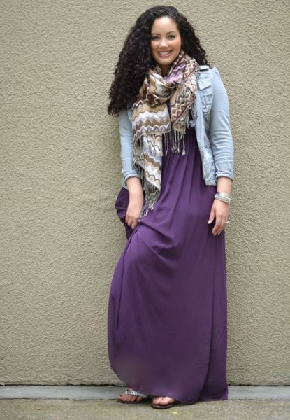 purple maxi dress with light blue denim jacket and scarf