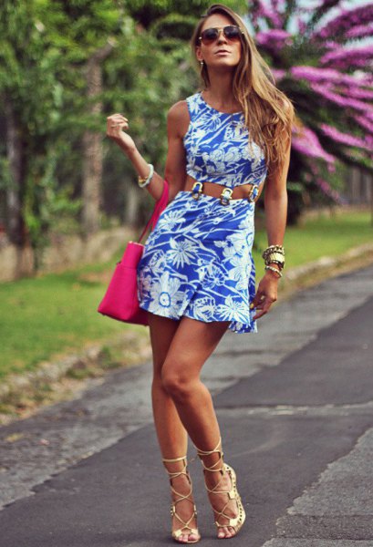 floral printed tank dress with pink heels with open toe
