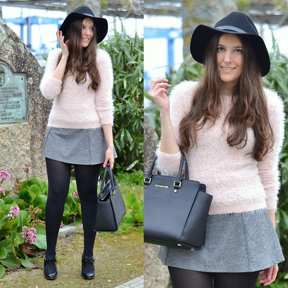 light pink fuzzy sweater with miniskirt in gray wool