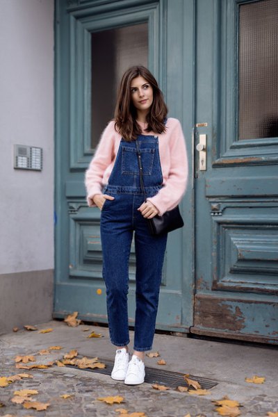 red sweater with blue denim overalls