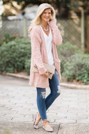 pink long line sweater cardigan with ripped skinny jeans