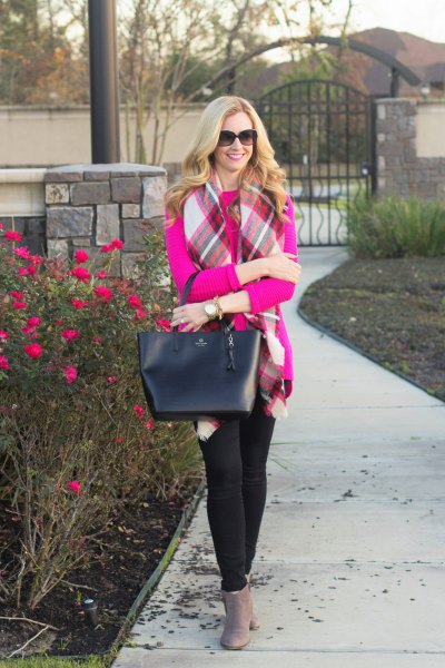warm pink sweater with white and red checkered scarf