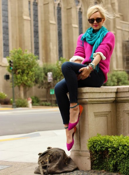 pink chunky sweater with teal with linen in scarf and slim jeans