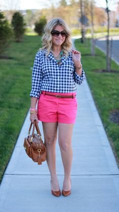 black and white checkered shirt with hot pink shorts