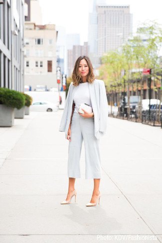 blazer with white sweater with hair loss and wide leg trousers