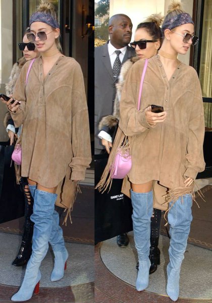 camel suede gown dress with denim boots