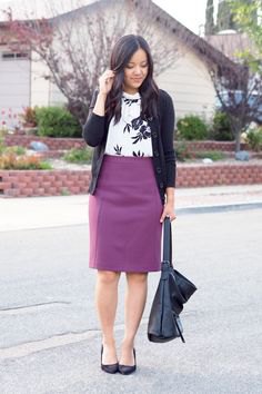 black cardigan with white print sweater and purple pencil skirt