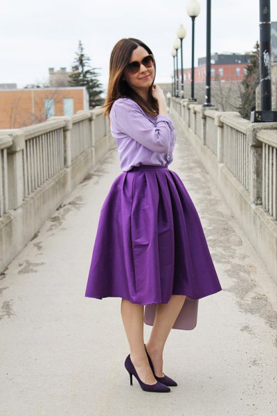 light blue chambray shirt with purple puffy midi skirt