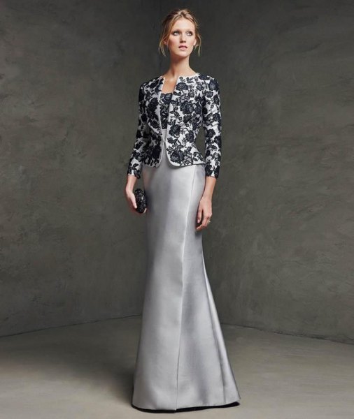 black and white floral lace shape evening jacket with silver silk dress