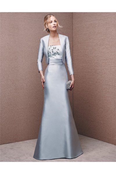 silver silk evening jacket with matching floor length flowing dress