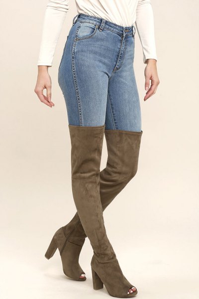 camel over knee pad with open toe boots with slim jeans