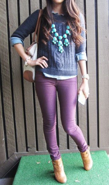 purple knit sweater with matching slim jeans