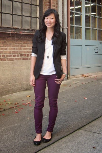 black blazer with purple skinny jeans and ballet flats