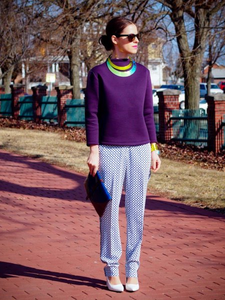 purple long sleeve top with white and navy printed casual fit pants