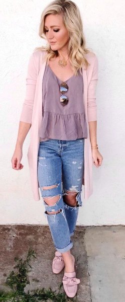 ruffle home v neck top with white cardigan and boyfriend jeans