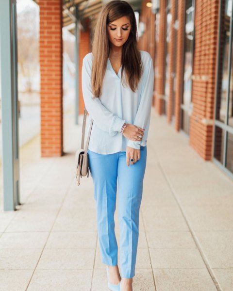 white chiffon blouse with light blue casual fit cropped pants
