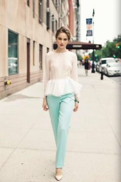 blue straight leg pants with pink and white tops