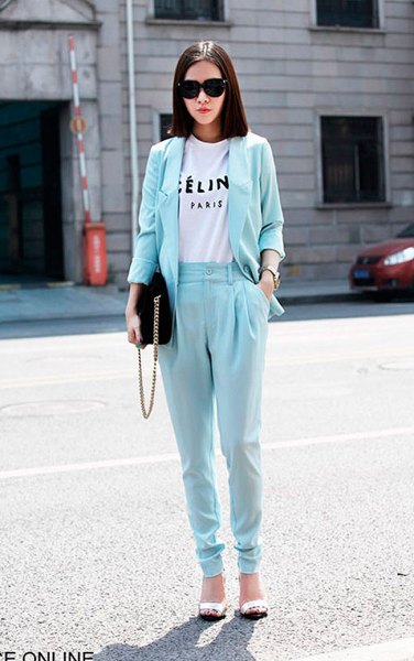 light blue tapered leggings with matching blazer