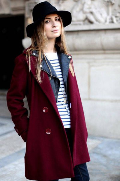 burgundy trench coat with black and white striped sweater and felt hat