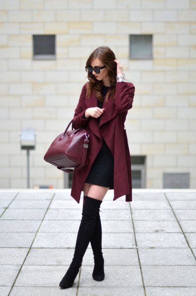 burgundy trench coat with black mini shift dress