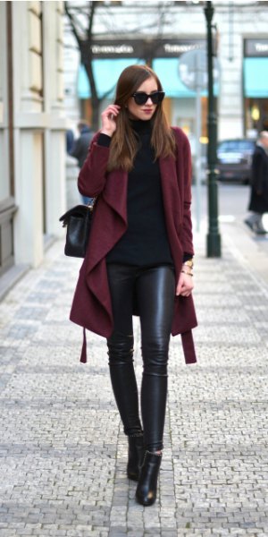 burgundy trench coat with black sweater neck shirt and leather clothing