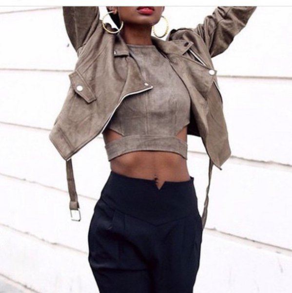 gray suede crop top with matching leather jacket