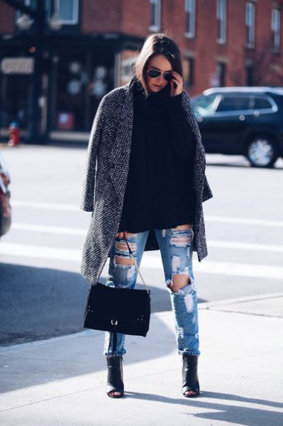 light gray coat with ripped boyfriend jeans and black skins with open toe
