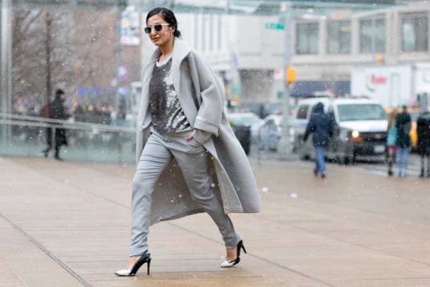 gray wool long coat with silver sequin blouse