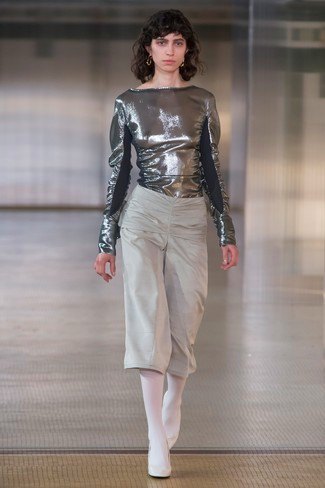 metallic blouse with gray cropped wide leg pants