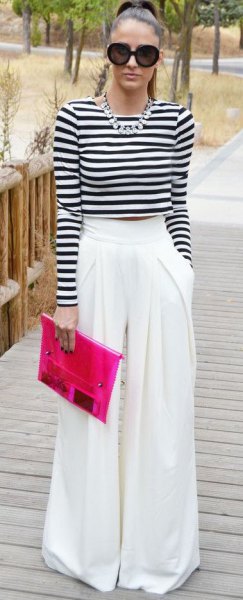 black and white striped long sleeve cropped t-shirt with wide leg dress pants