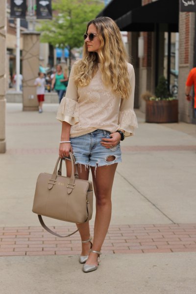 blush pink lace watch sleeve blouse with light blue ripped denim shorts