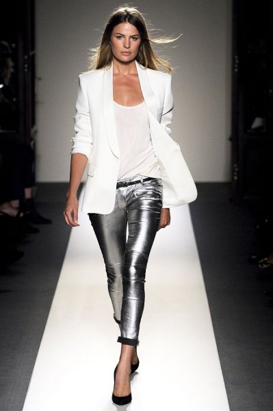 white blazer with silver metallic leather pants