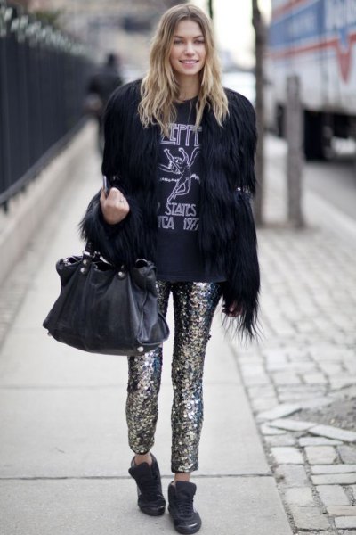 black faux fur with sequin trousers