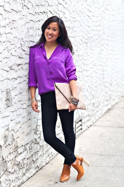 purple button-up with black skinny jeans