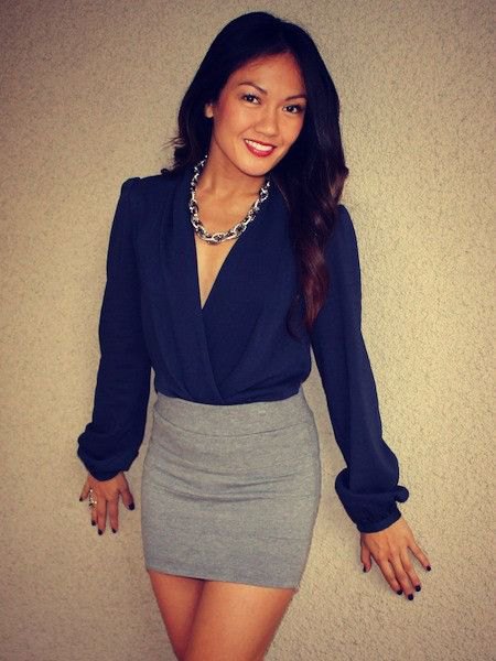 deep blue blouse with gray wool mini bodycon skirt