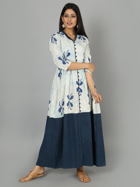 white and blue three-color maxi dress with three blocks