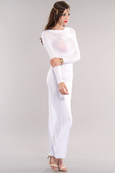 white long-sleeved form fitting maxi dress